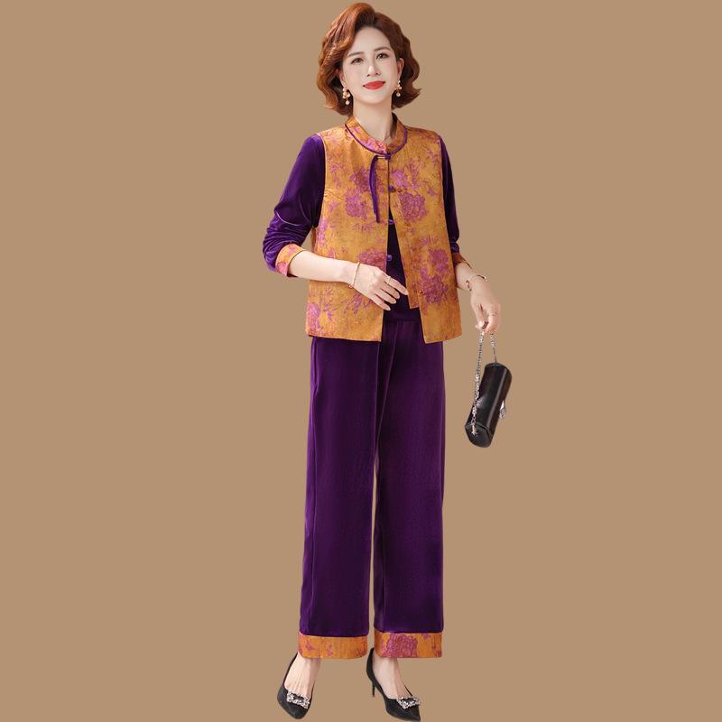

2026 Spring Velvet Suit: Women s National Style Three-Piece Vest Set for Middle-Aged & Elderly 3XL (120-135 jin)