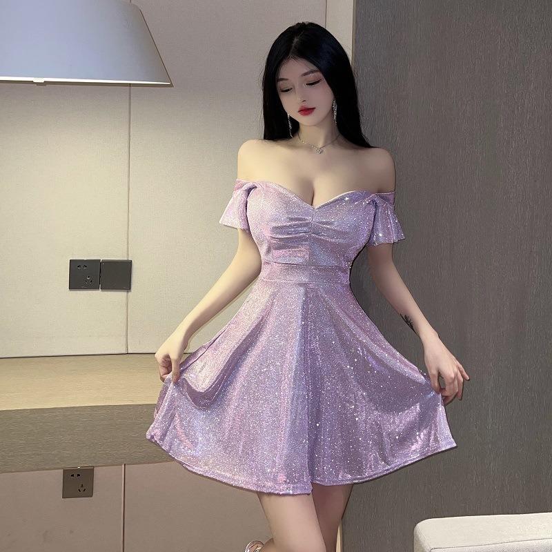 Sexy Low-cut Backless Feifei Sleeves Low-cut Square-necked Big Swing Short Skirt Spice Girls Women's Clothing Waist and Thin Dress