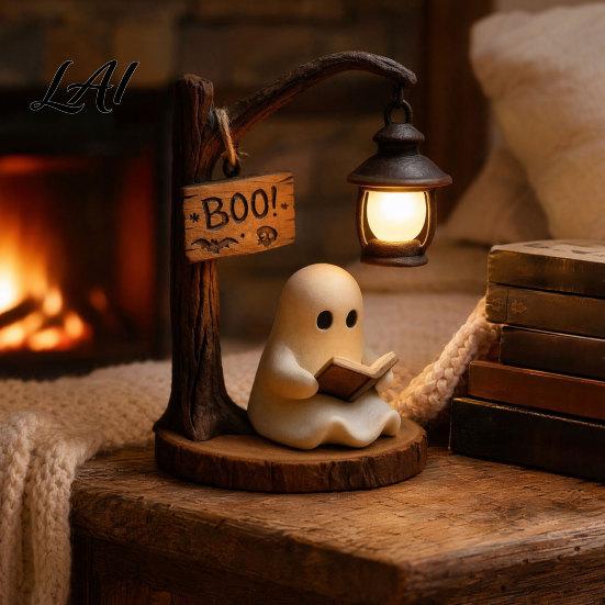 Halloween Table Centerpiece Gothic Witch Lantern Resin Tabletop Decor with Warm Glow Spooky Home Light for Shelf Desk Party Haunted House Ambiance