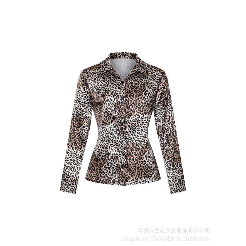 Elegante Camicia con Stampa Leopardo a Maniche Lunghe da Donna Larga Primavera Autunno Moda Ufficio Blusa Retro Collo a Revers Slim Top Casual Abbigliamento Femminile Semplice
