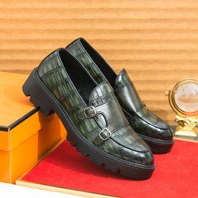 Fashion 2025 Street Fashion Men's Loafers Thick Sole Big Toe Shoes Trend Green Party Dress Shoes Men's Genuine Leather Casual Shoes Male