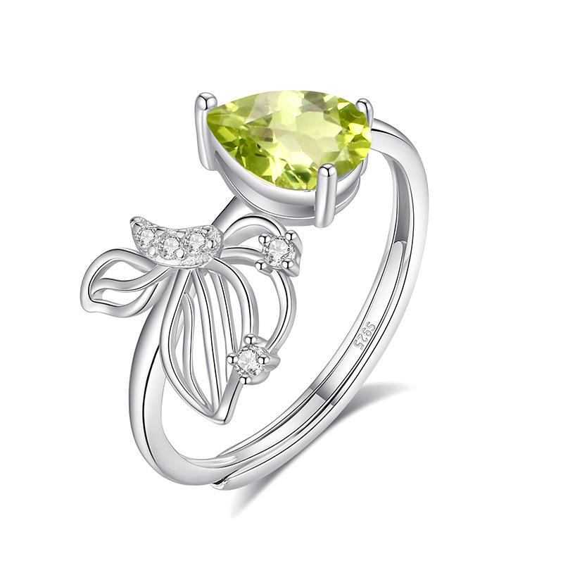 S925 Sterling Silver Butterfly Crystal Open Ring, Adjustable Natural Stone Band, Elegant Dainty Jewelry for Women, Daily Wear & Gift