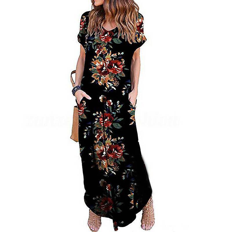 Women Short Sleeves High Slit Vintage Print Backless Sundresses for Summer