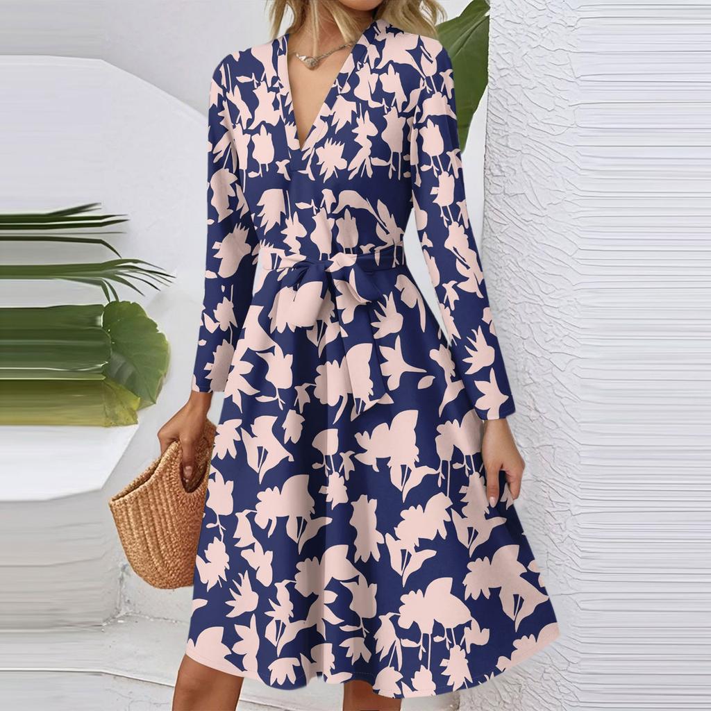 Dámské módní ležérní šaty midi s výstřihem do V, dlouhým rukávem, v pase a s květinovým potiskem