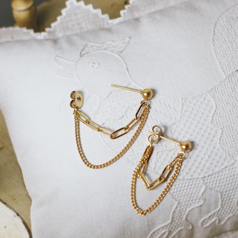 

18K Gold-Plated Double Layer Chain Tassel Earrings - Titanium Steel, Elegant European & American Style. золотий
