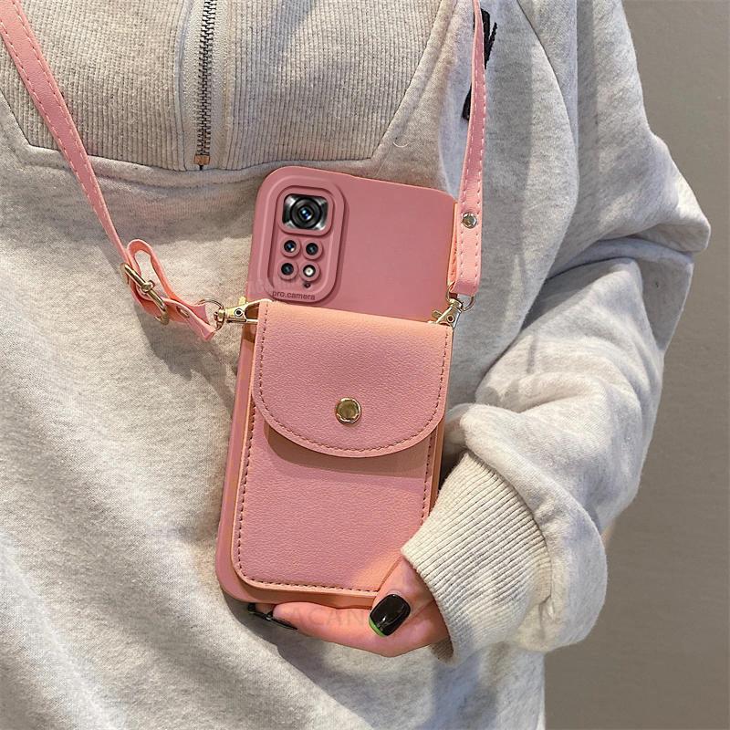 Note11s Crossbody Card Slot Bag Holder Case On For Xiaomi Redmi Note 11 8 9 10 7 Pro 11s 10s 9s 11pro 4g 5g Cord Silicone Cover