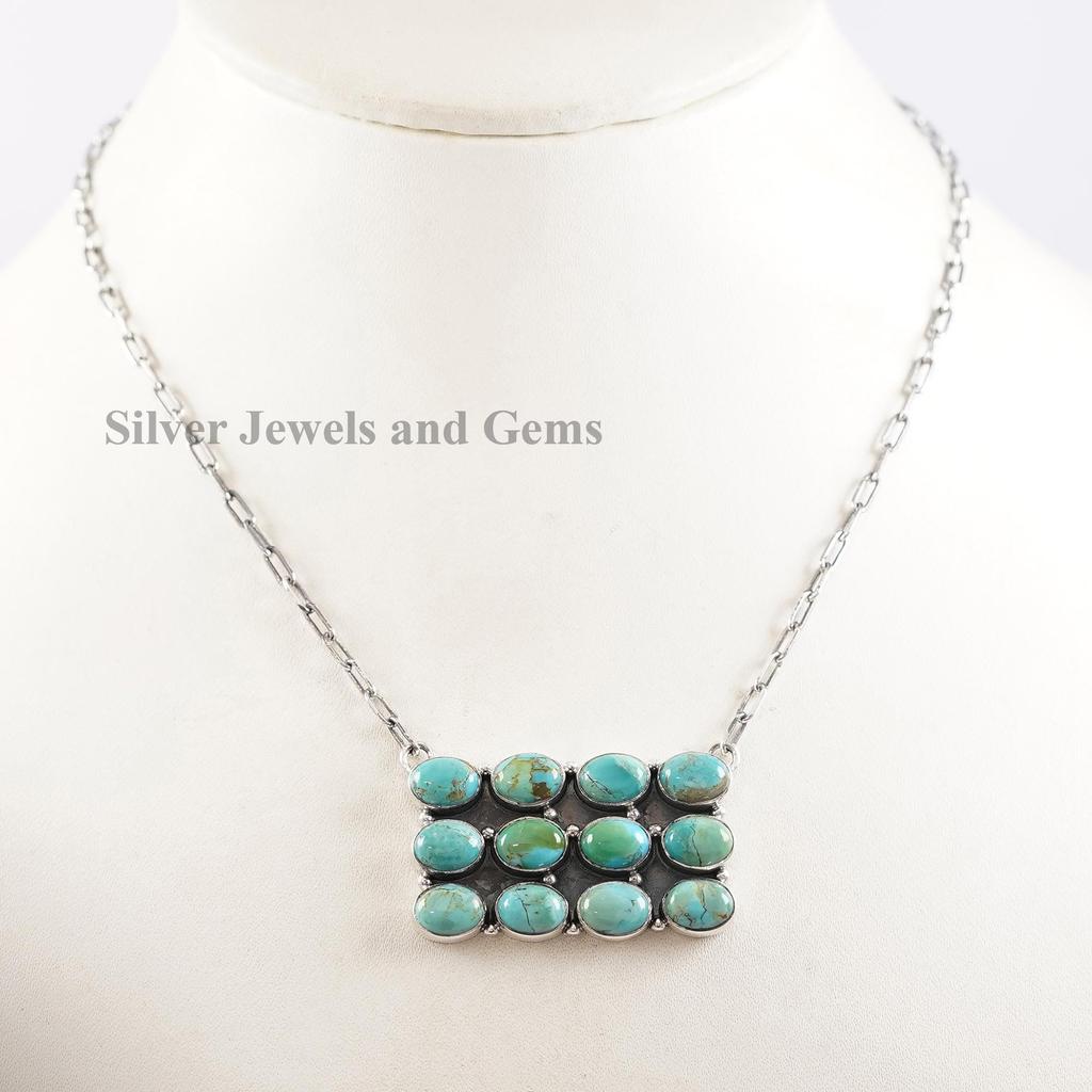 Natural Turquoise Bar Necklace, Turquoise Engagement Necklace, 925 Sterling Silver Multi Stone Necklace, Handmade Paper Clip Chain Necklace