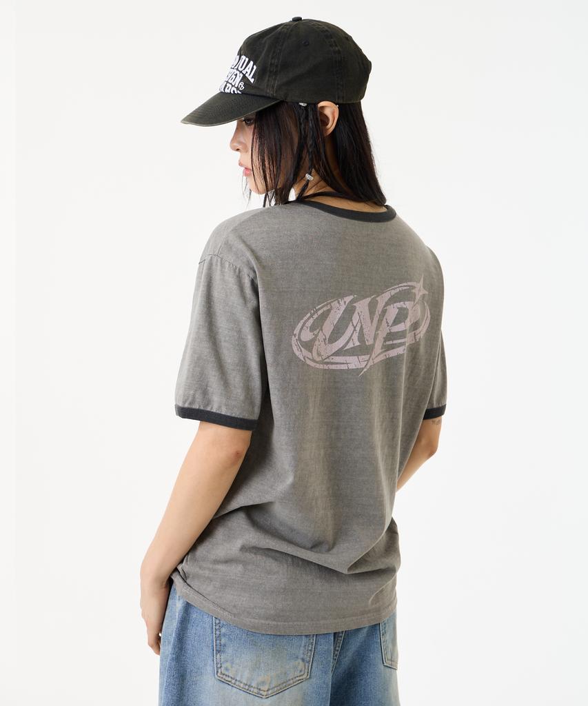 UNKNOWN PLANET [Unp] Pigment-Dyed Graphic Ringer T-Shirt Gray