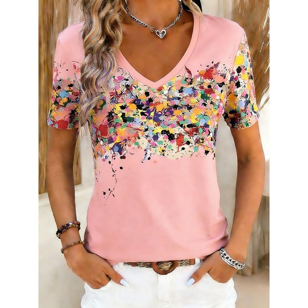 Whimsical Vibrant Splatter Print Casual T Shirt V Neck Short Sleeve Tee For