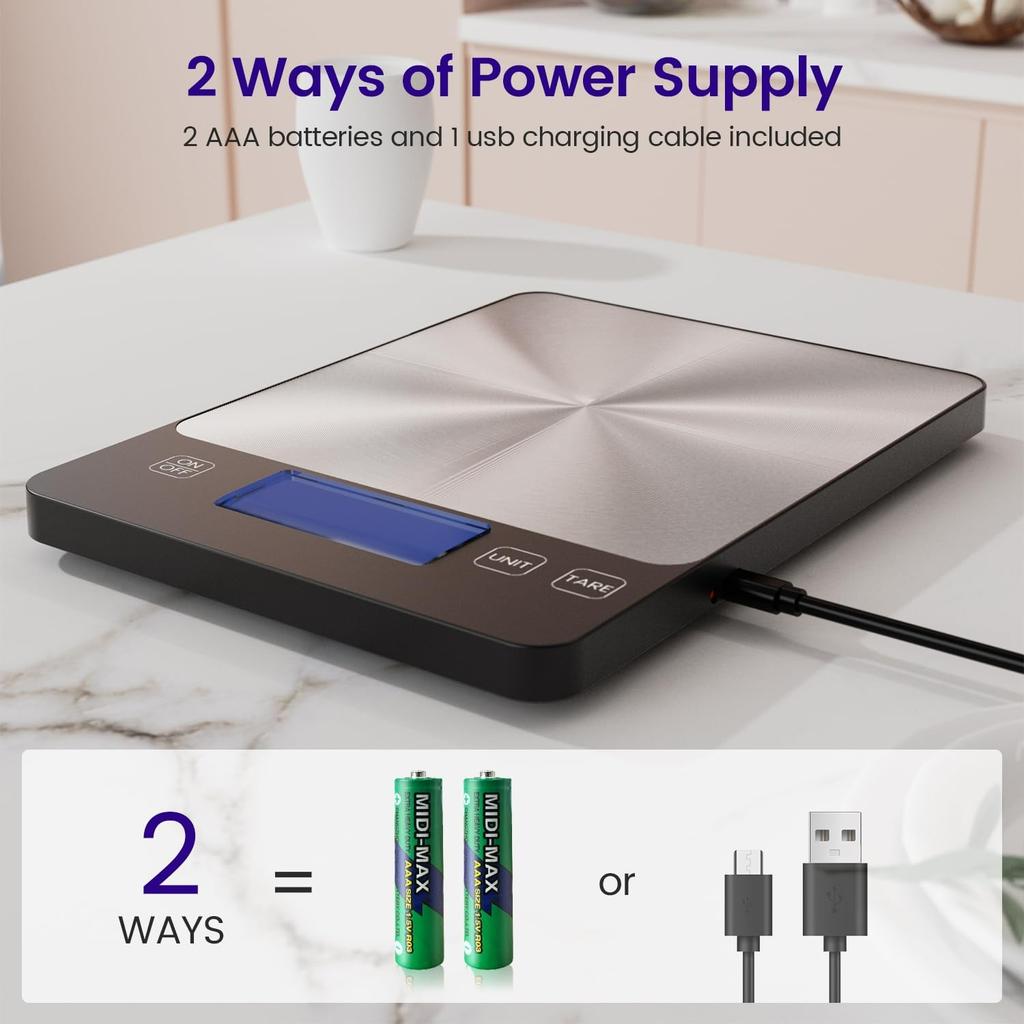 USB C Rechargeable & 15 Kg Digital Kitchen Scale,Electronic Kitchen Scale,High Precision Food Scale,Professional with Tare Function,Batteries