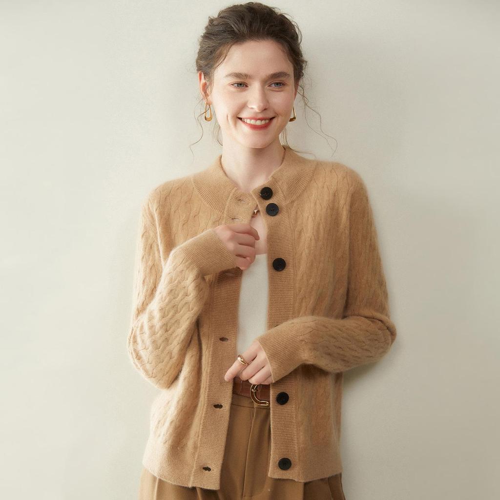 Elegant Korean Style Cable Knit Cashmere Cardigan for Women - Stand-up Collar, Versatile Autumn/Winter Sweater