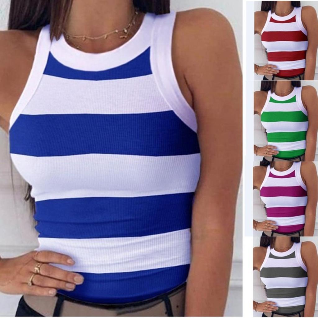 Women's Crew Neck Sleeveless Tank Top Slim Fit Striped Star Print Casual Camisole Tee