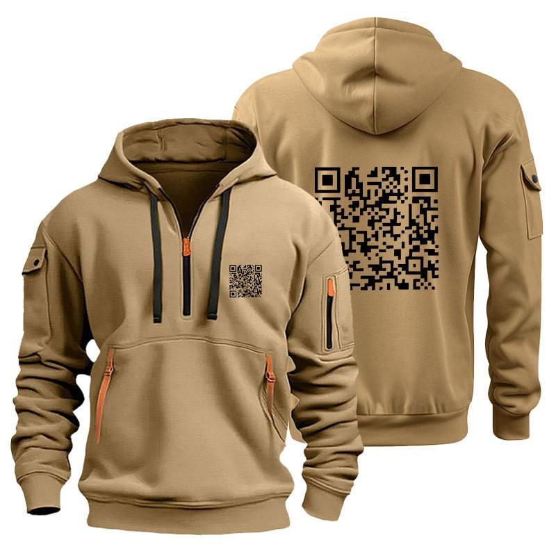Mens Hooded Sweatshirt With QR Code Print Slim Fit Cotton Blend Pullover Casual Winter Wear