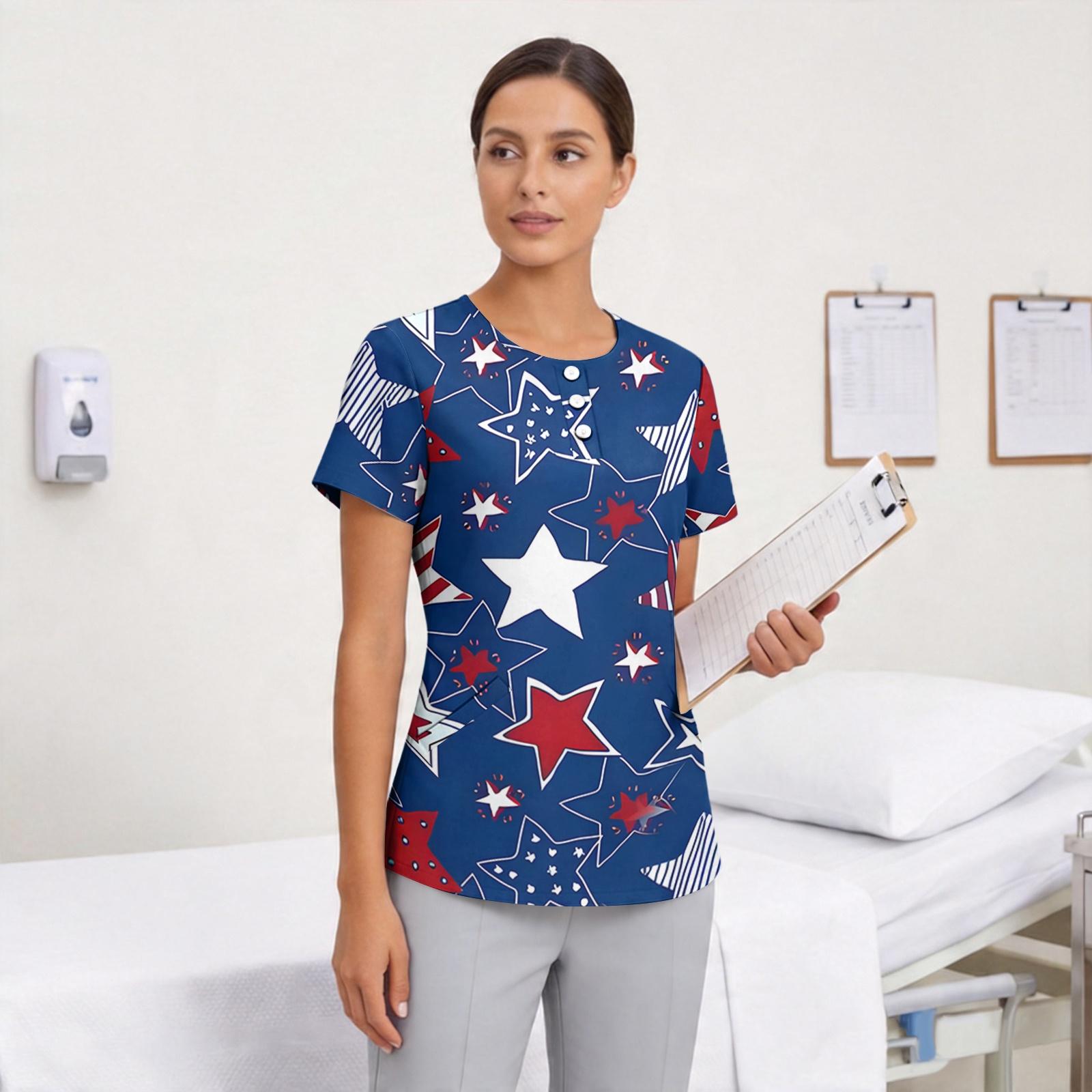 

Womens V Neck Short Sleeve Printed Scrub Top with Pocket Stretch Quick Dry Fabric for Nursing Uniform XL Кіновар