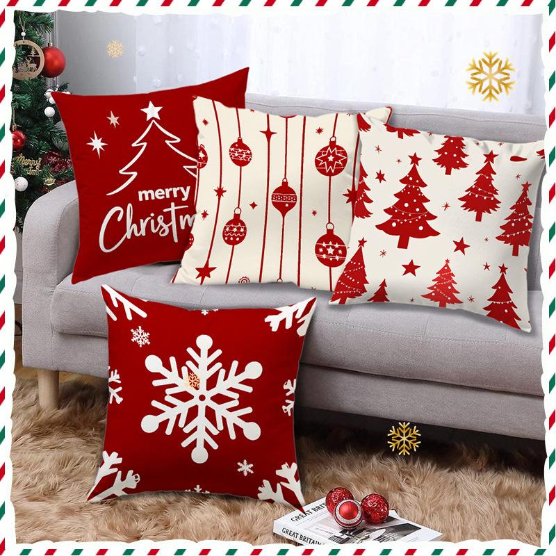 4pcs Holiday Printed Christmas Tree Snowflake Element Bedroom Study Home Decoration Cushion Pillow Cover