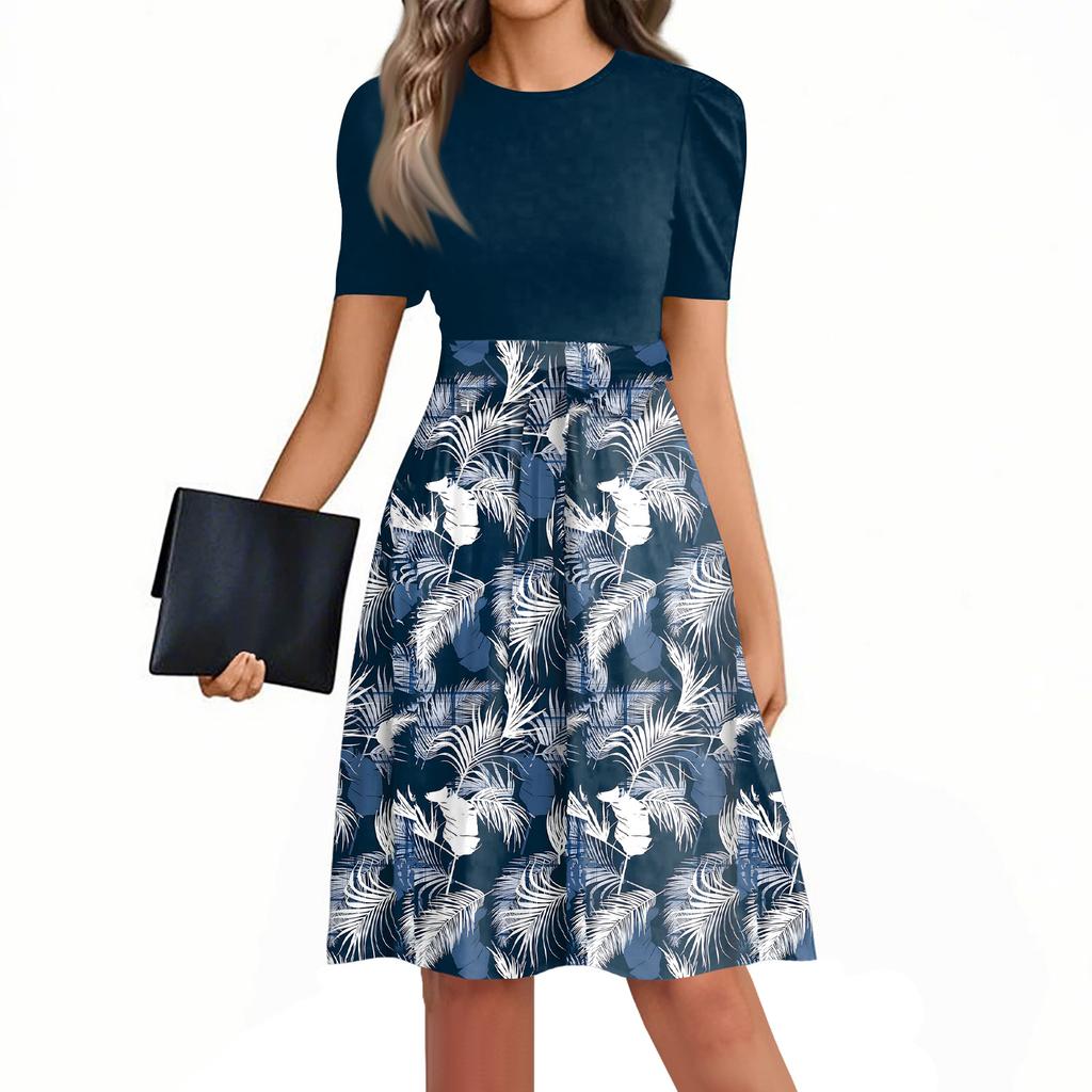 Women Casual Waist Tie Dress Short Sleeve Round Neck Floral Print Patchwork A-Line Summer Dress