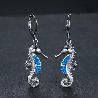Serie Vento Oceanico Blu e Bianco Tesoro Australiano Micro Intarsiati Diamante Bianco Cavalluccio Marino Orecchini Versatili