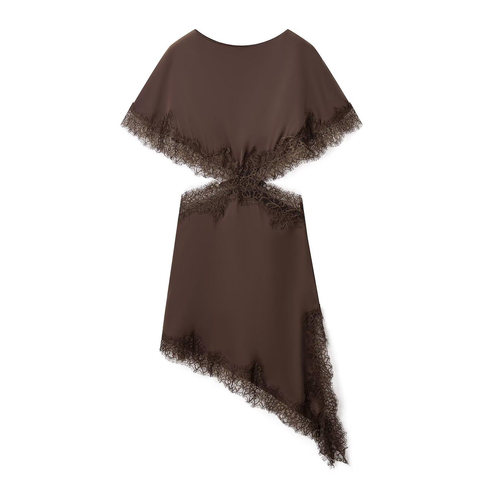 Autumn/Winter European American Women s Lace Open-Design Round Neck Cut-out Mini Dress XS кофейный