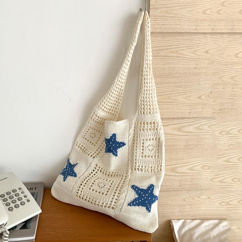 

Yogodlns New Knitted Bag, Large Capacity Handbag, Embroidered Hollow Crochet Bag, Korean Knitted Daily Handbag blue starfish різнокольоровий
