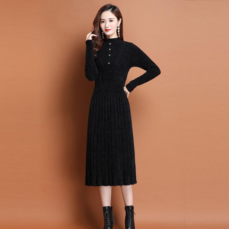 Faux Mink Fur Dress Mid-length Knitted Dress for Women Solid-color Casual Long-sleeved Sweater Autumn and Winter