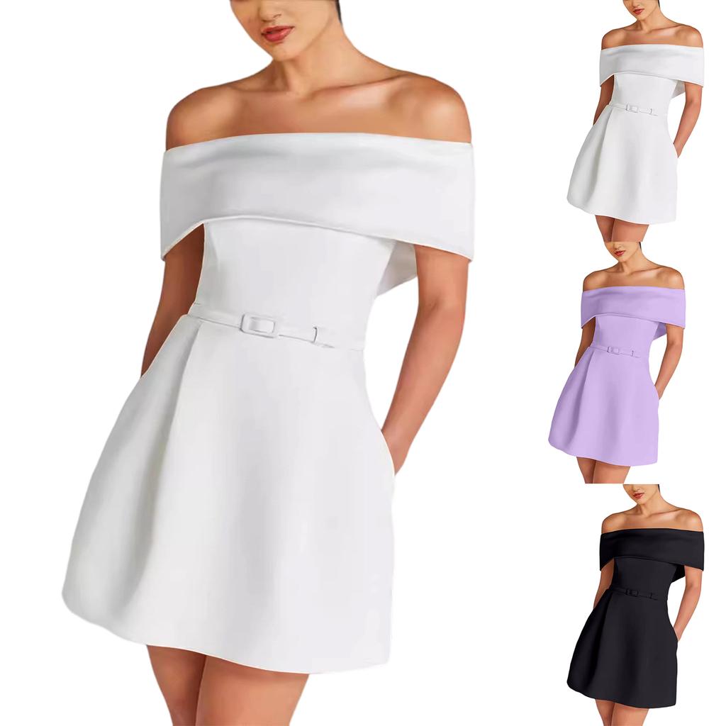 Dames Off-shoulder Jurk met Riem, Casual en Stijlvolle Feestjurk.