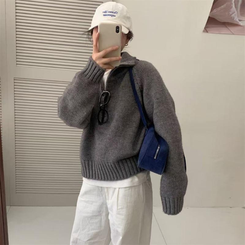 Lapel Half-zipper Short Pullover Sweater Women's Autumn and Winter New Thick Shoulder-plugged Long-sleeved Solid-color Casual Knitted Top