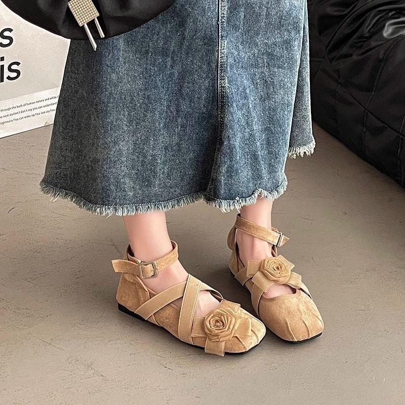 Vintage Flower Round Head Ballet Shoes Spring Cross Strap Casual Single Shoes Women's Shallow Mouth Evening Breeze Gentle Flats