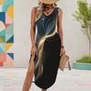 Women Plus Size U Neck Sleeveless Printed Midi Dress Abstract Gold Black High Side Slit