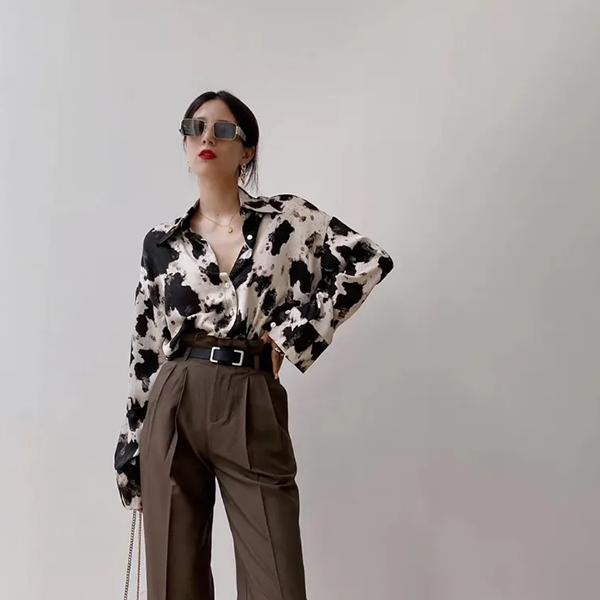 WTEMPO Women's Turn-down Collar Long Sleeve Retro Printed Chic Shirts Spring Autumn Loose Casual Versatile Buttons Bluoses