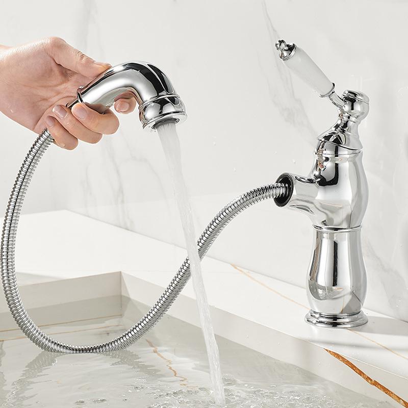 Gold Bathroom Ceramic handle Basin Faucets Pull Out Mixers Sink Faucet Washbasin Taps Water Tap Tapware Crane Brass Material