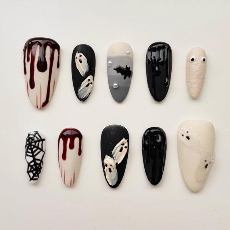 

30-Piece Halloween High-Quality 3D Blood Drop Bat Almond Nails with Rhinestones