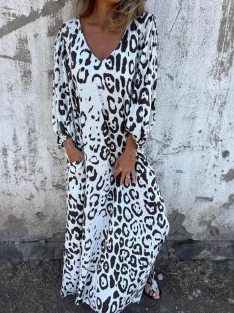 Women's Long Sleeve V-Neck Loose Fit Leopard Print Maxi Dress with Pockets, Multiple Colors & Patterns