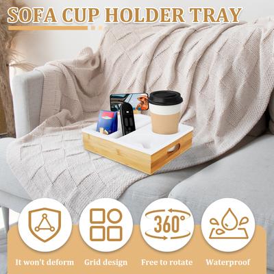 Couch Cup Holder Couch Caddy with Rotatable Phone Holder Wooden Sofa Cup Holder with Carrying Handle for Bed Car Beach Organizer