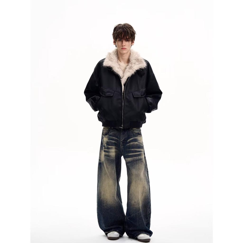 Autumn and winter national tide brand couple American retro mountain carving fur collar jacket padded cotton thickened warm cotton clothes black spot
