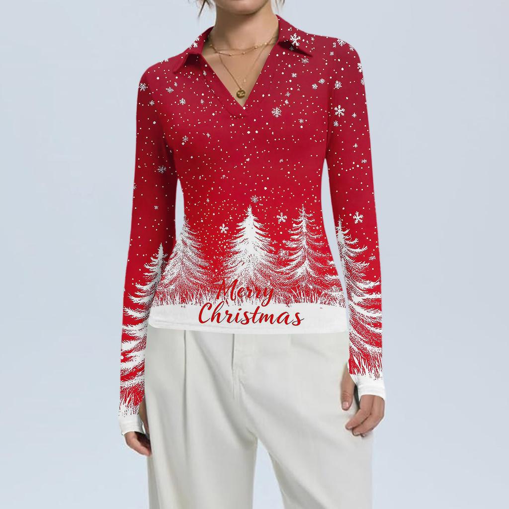 Damenmode Lässig Weihnachts-Print V-Ausschnitt Langarm Knopfleiste Oberteil