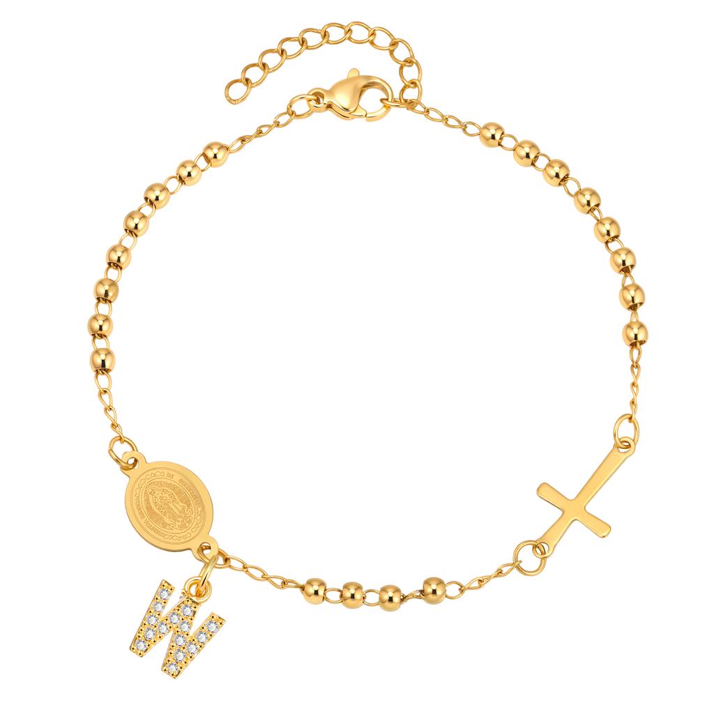 Stainless Steel Rosary Virgin Mary Beaded Bracelets with A-Z Initial Letter Pendant, Gold Plated Religion Jewelry for Women