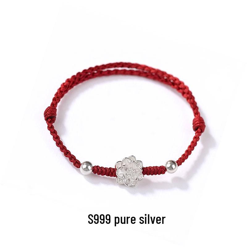 Sterling Silver 999 Lotus Red String Bracelet, Pure Silver Good Luck Gift, Couple Style.