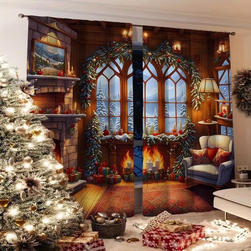 2 Peças Cortinas com Estampa de Lareira de Inverno, adequadas para decoração de quarto, sala de estar, cozinha, decoração de casa, decoração de janela