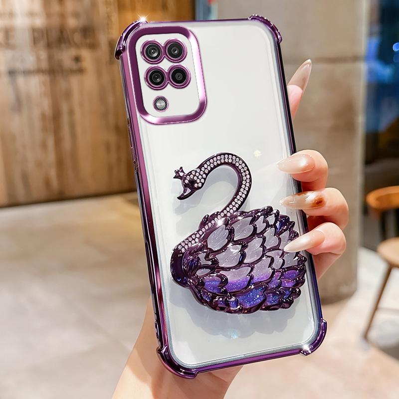 KEYSION Shockproof Plating Phone Case for Samsung A12 A22 4G Clear Soft TPU Glitter Jewelled Swan kickstand Back Cover for Galaxy M12