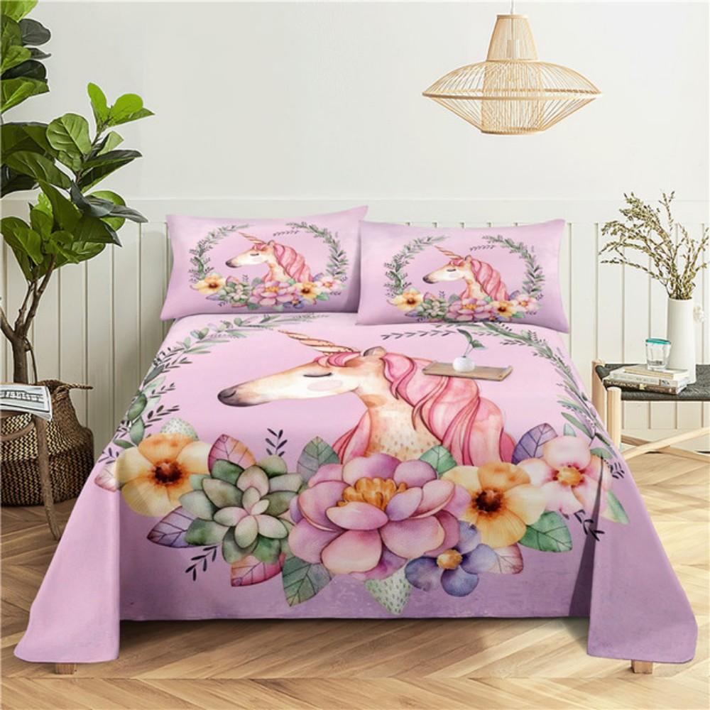 Pink Unicorn Sheet 3D Printed Cartoon Polyester Bed Flat Sheet With Pillowcase Kids Girls Children Bedding Gift