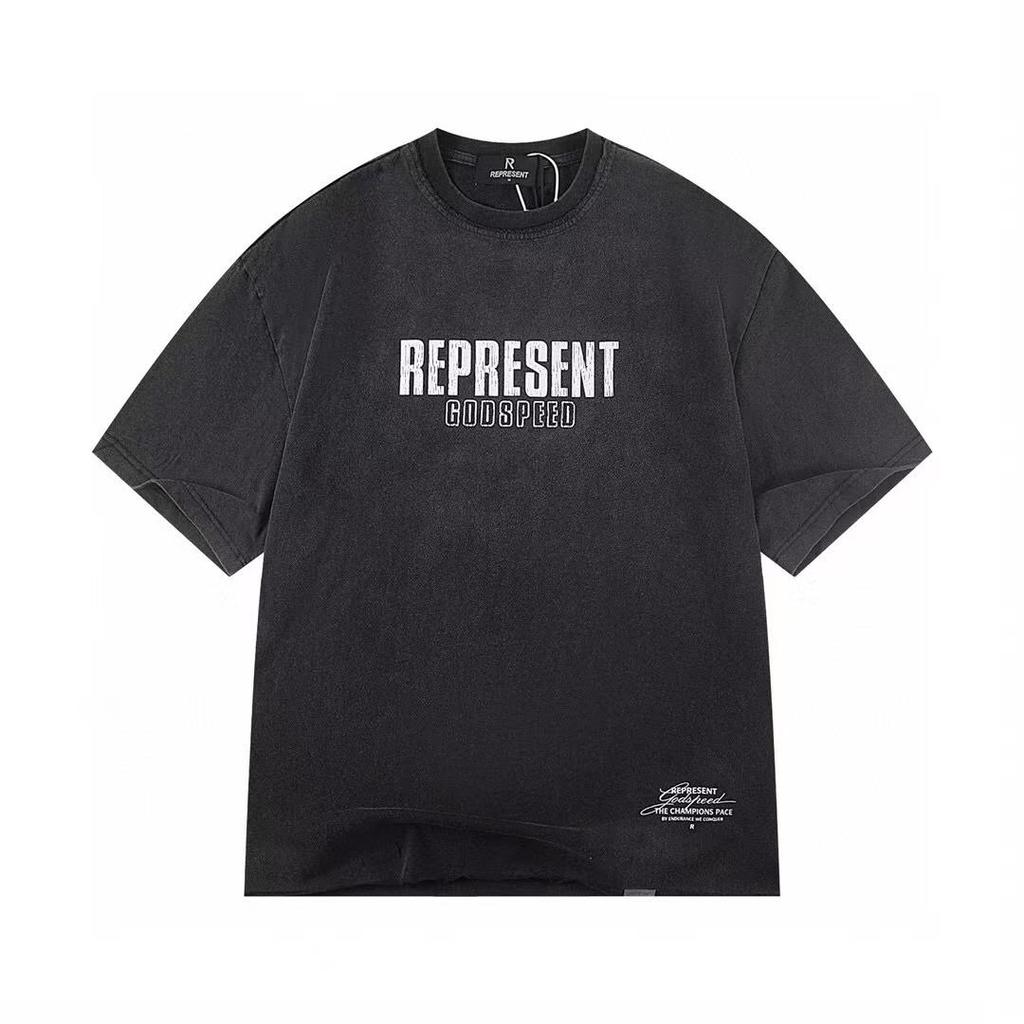 REPRESENT REP Letter Angel Print Vintage Washed Distressed Loose Short Sleeve T-Shirt for Men and Women