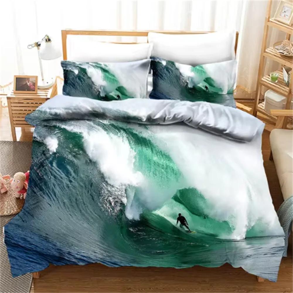 Copripiumino SSurf Vacanza al Mare Blu Acqua Piumone Set Biancheria da Letto Per Adulti Dimensione Queen Trapunta 3D Set Letto Biancheria da Letto