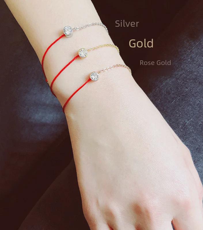 Korean Fashion 18K Rose Gold Zodiac Bracelet with Single Diamond & Red Rope Design for Women