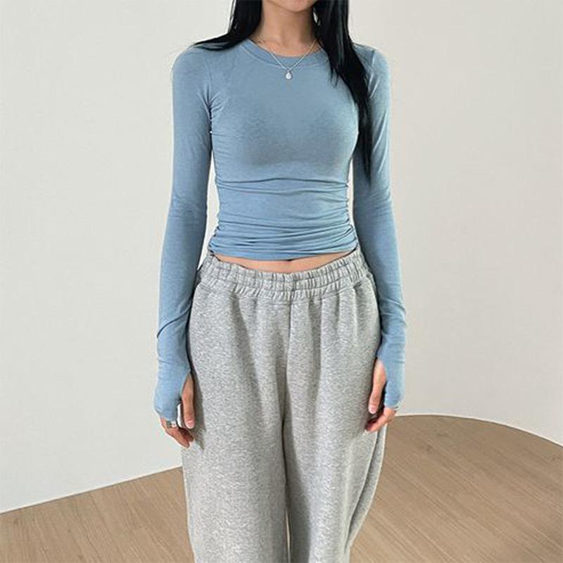Women Casual Slim Fit Long Sleeve O-Neck T-shirts Tops Spring Fall Solid Color Tees with Thumb Holes Streetwear