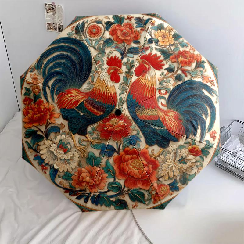 0106 Floral Chicken & Dinosaur  pattern, automatic folding umbrella, portable and foldable design, 8 ribs, a Christmas or birthday gift.