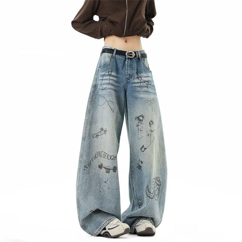 American retro graffiti jeans men's and women's loose straight design wide-leg pants men's trendy brand casual versatile trousers