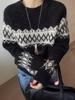 Women's Retro European Style 100% Wool Fair Isle Jacquard Sweater - Round Neck, Thickened Knit, Loose Fit, Trendy Bright Silk Design.