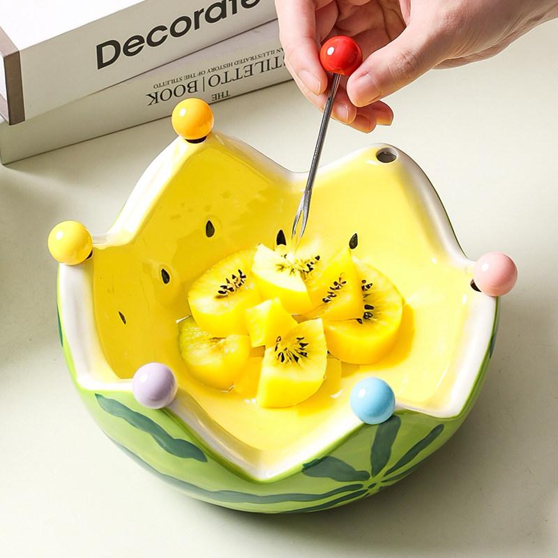 Creative Ceramic Watermelon Fruit Bowl with Fork for Home Living Room Fruit Plate Salad Bowl Cute Stainless Steel Fork