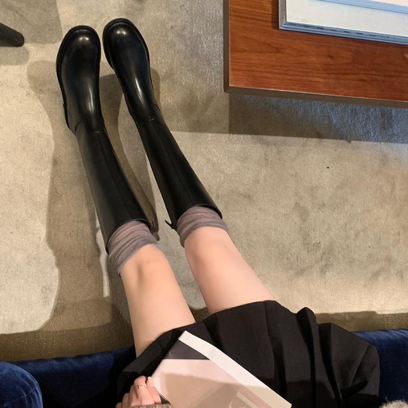 Sheepskin version~ Leather round head gold buckle thick-soled knight boots women's autumn and winter high boots thick heel thin boots long boots