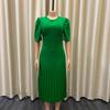 Elegant Office Ladies Pleated Dresses O Neck Short Sleeve High Waisted Summer Dress Midi Cloth Vestidos